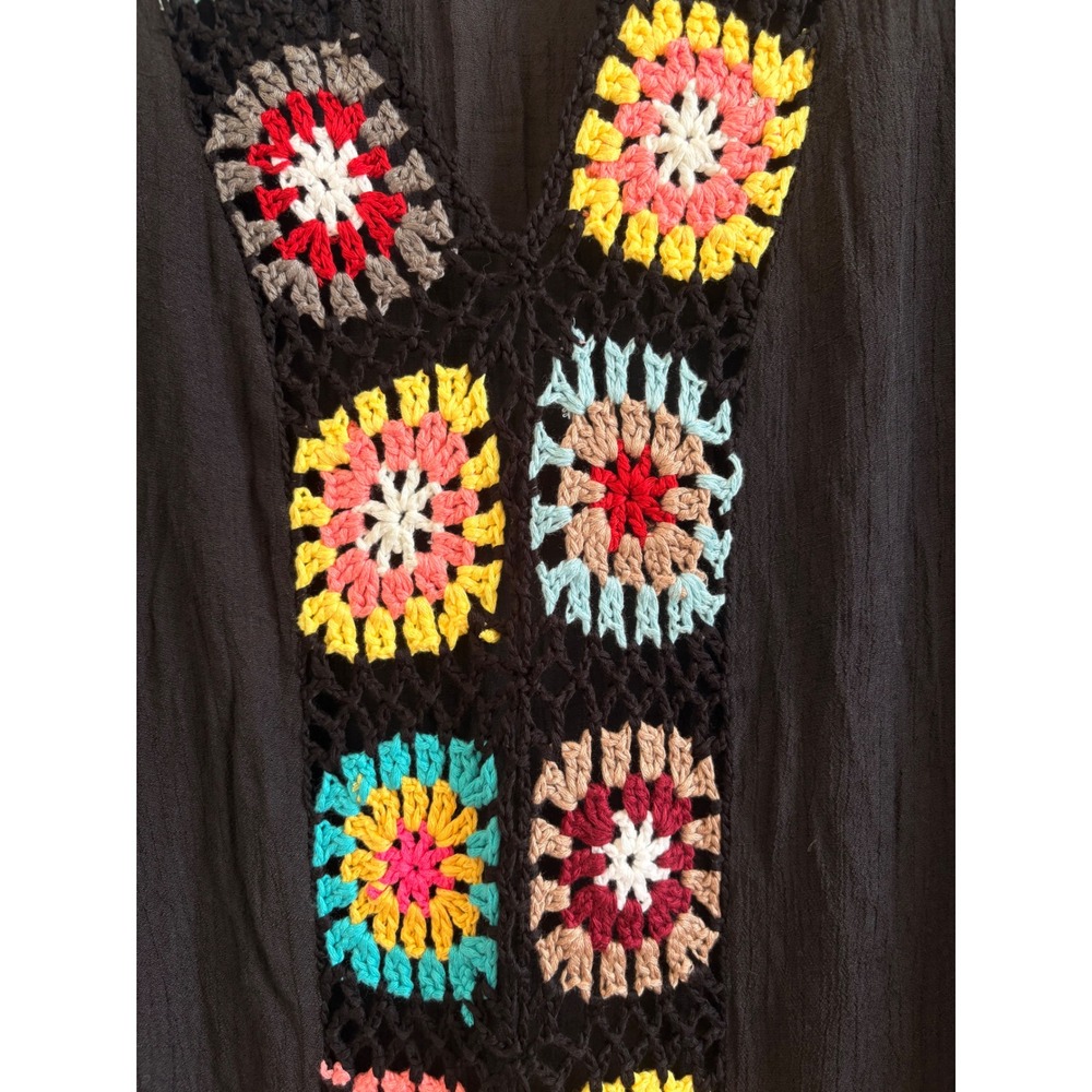 Black Crochet Granny Square Maxi Caftan‎ Boho Beach Swim Cover Resort Wear L/XL - Picture 5 of 6
